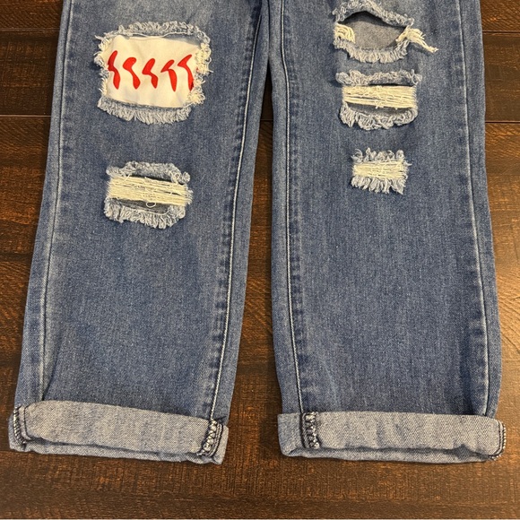 Distressed Baseball Patch Boyfriend Jeans Blue Size 8 - Picture 13 of 17